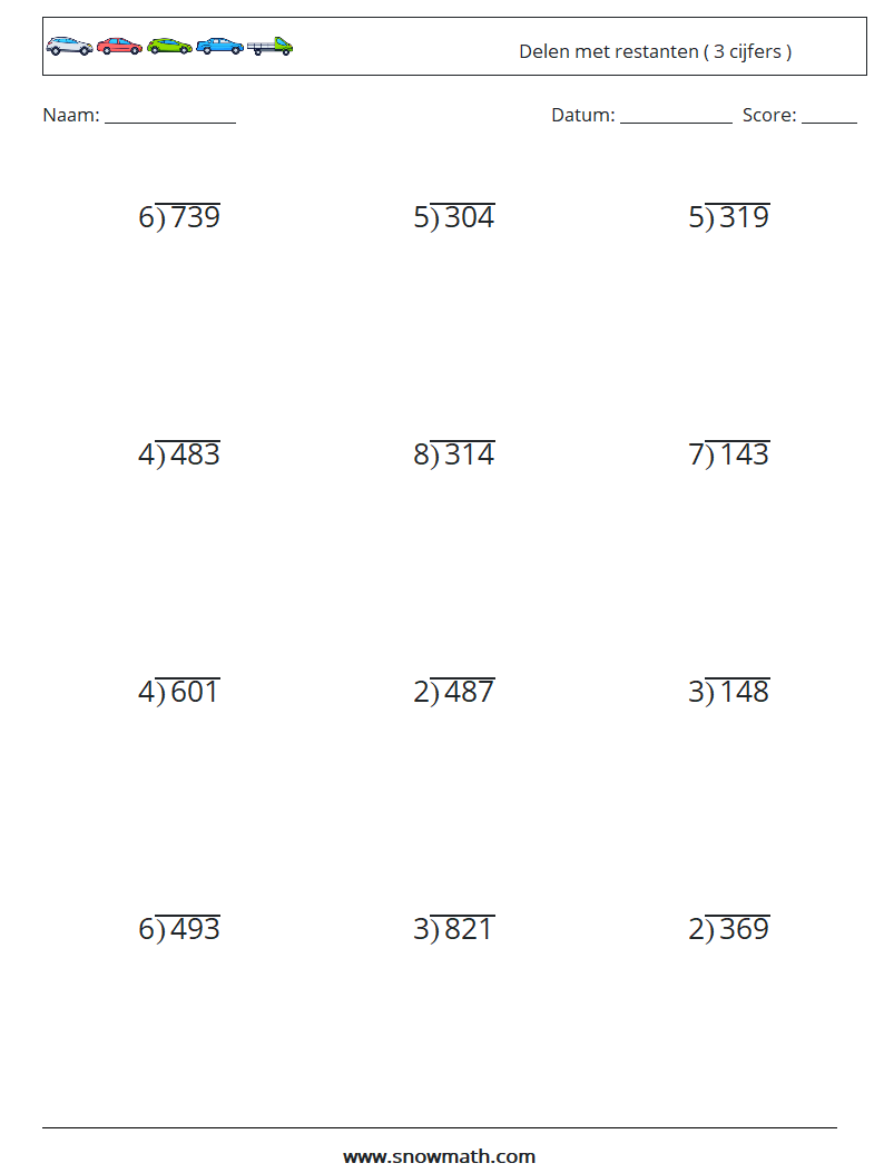 (12) Delen met restanten ( 3 cijfers ) Wiskundige werkbladen 3