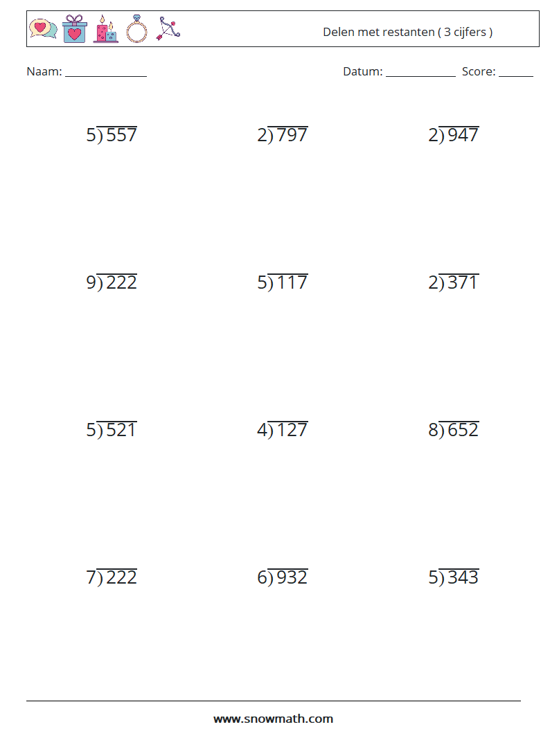 (12) Delen met restanten ( 3 cijfers ) Wiskundige werkbladen 4