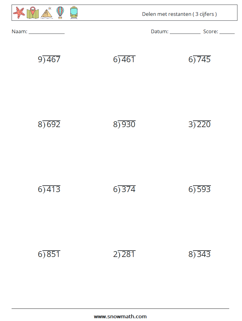 (12) Delen met restanten ( 3 cijfers ) Wiskundige werkbladen 5