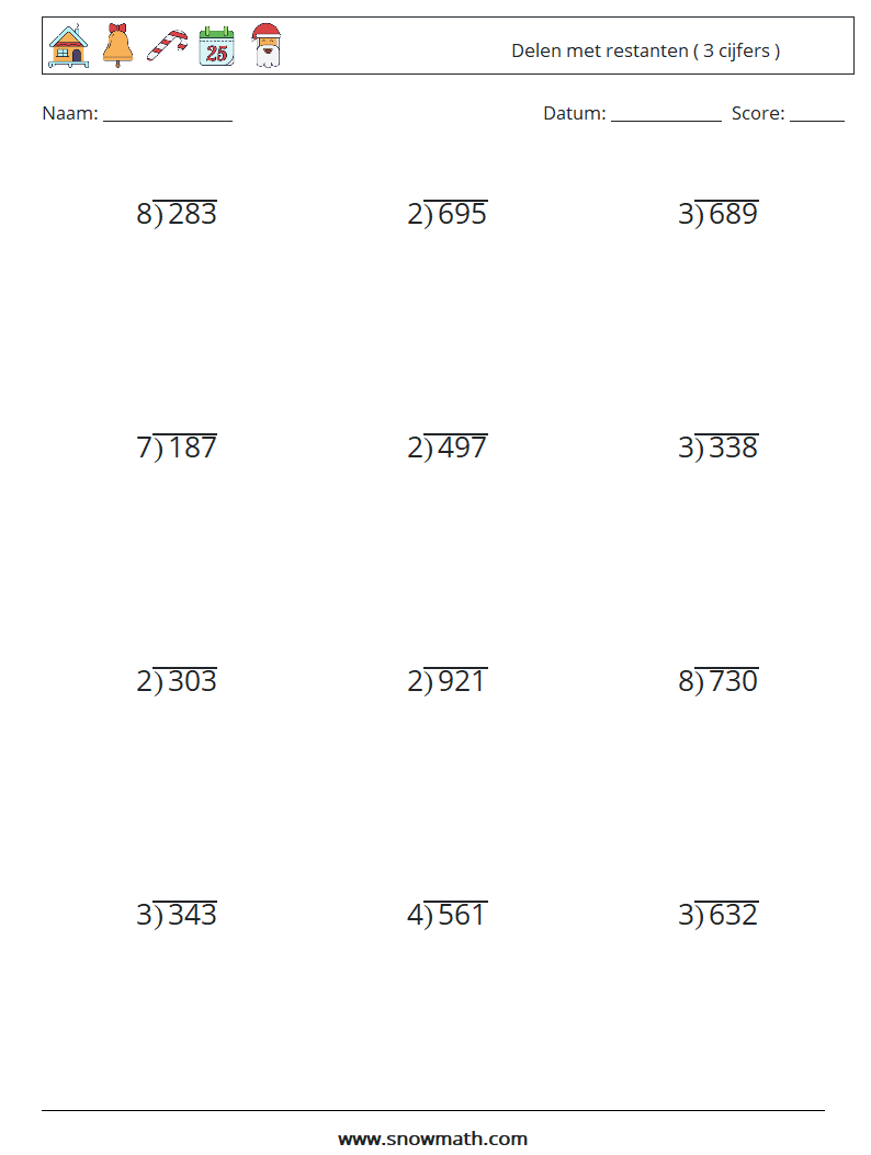 (12) Delen met restanten ( 3 cijfers ) Wiskundige werkbladen 6