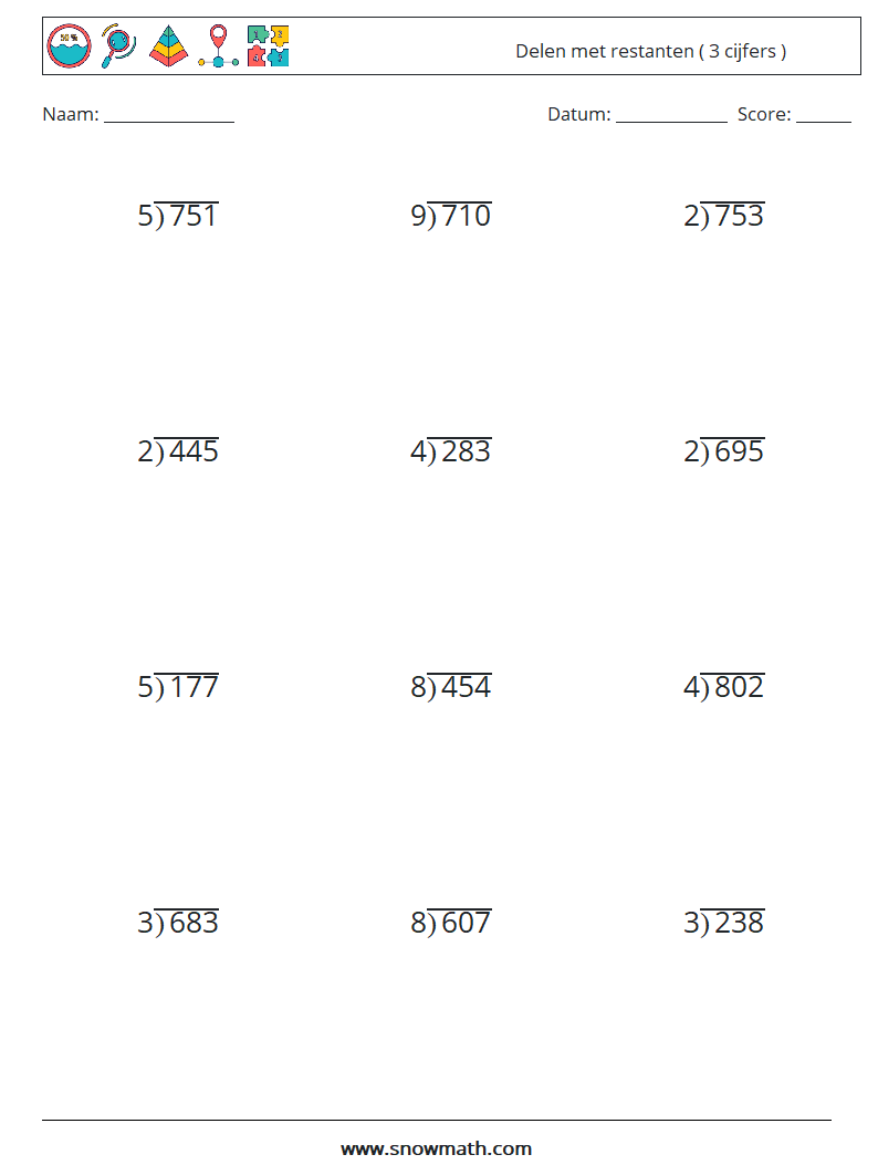 (12) Delen met restanten ( 3 cijfers ) Wiskundige werkbladen 7