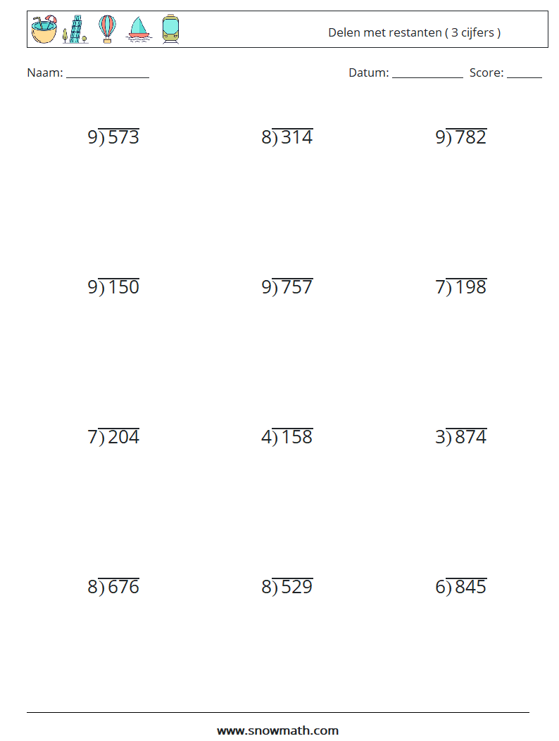 (12) Delen met restanten ( 3 cijfers ) Wiskundige werkbladen 8