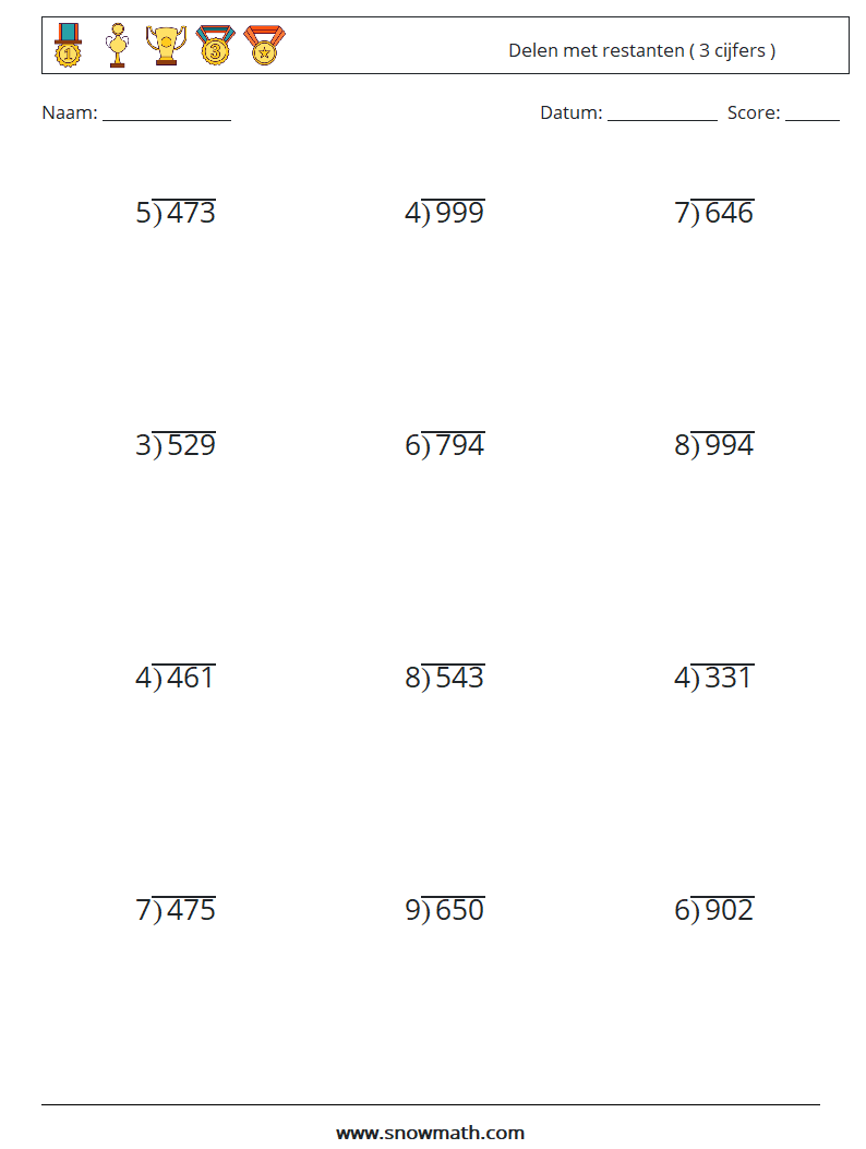 (12) Delen met restanten ( 3 cijfers ) Wiskundige werkbladen 9