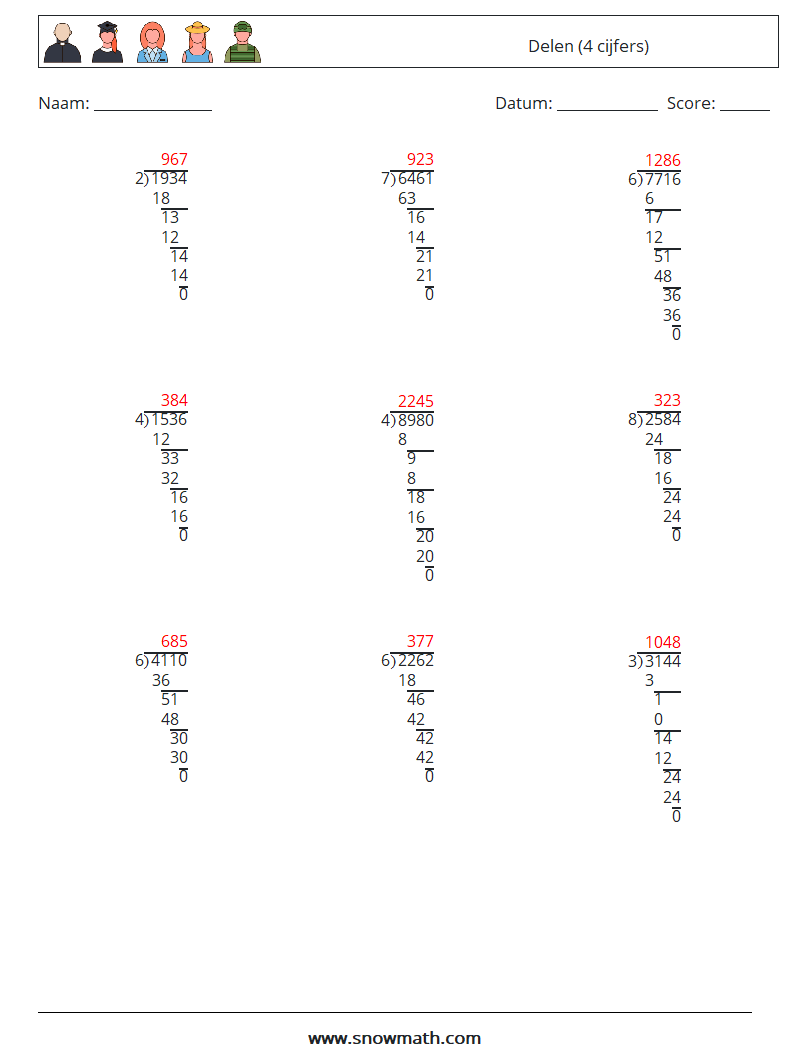 (9) Delen (4 cijfers) Wiskundige werkbladen 10 Vraag, Antwoord