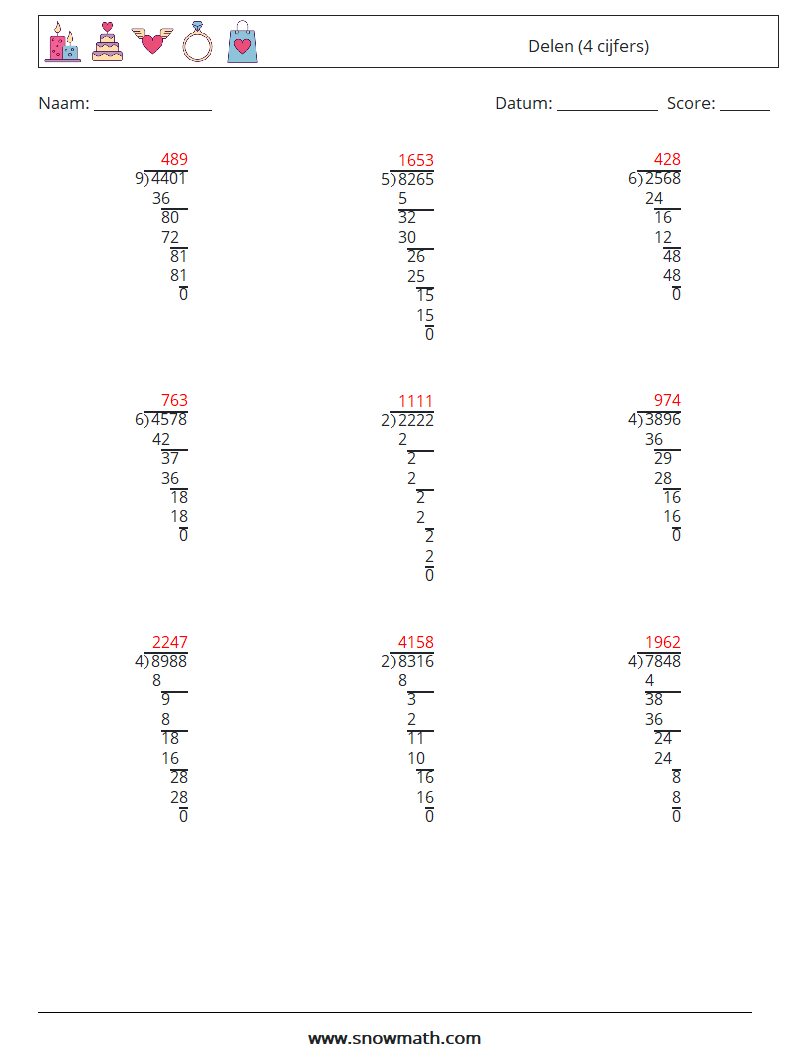 (9) Delen (4 cijfers) Wiskundige werkbladen 12 Vraag, Antwoord