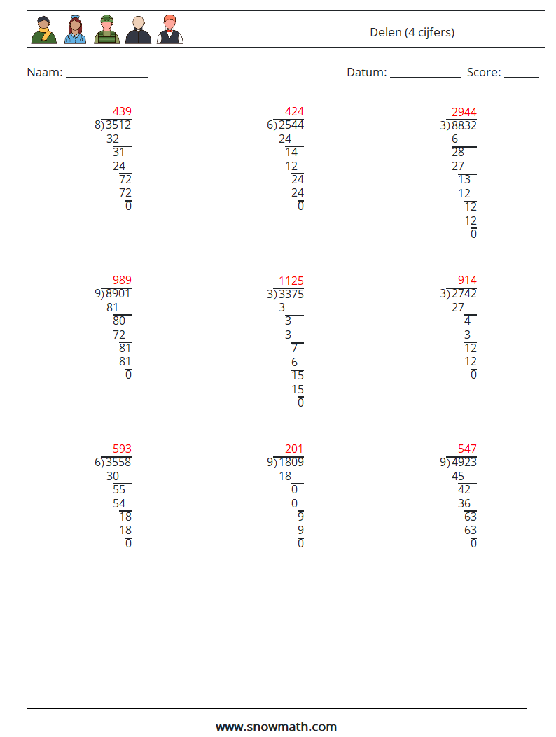 (9) Delen (4 cijfers) Wiskundige werkbladen 14 Vraag, Antwoord