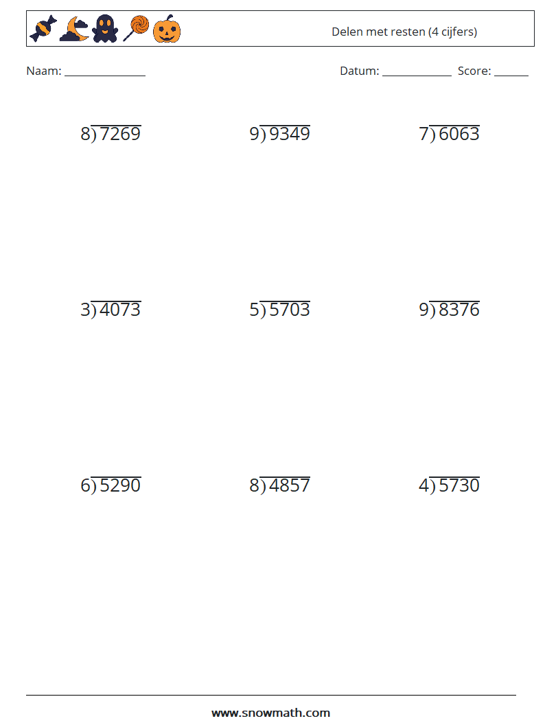 (9) Delen met resten (4 cijfers) Wiskundige werkbladen 10