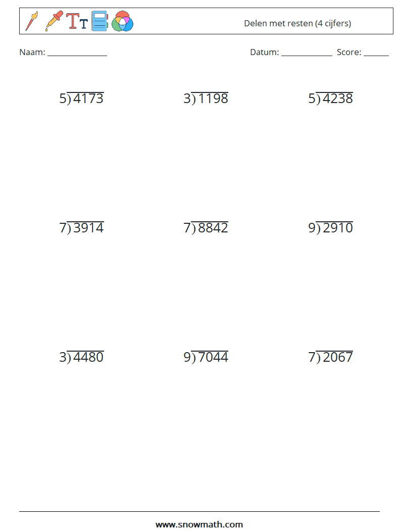 (9) Delen met resten (4 cijfers) Wiskundige werkbladen 11