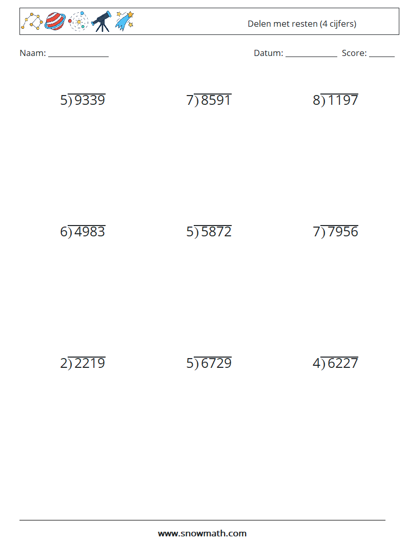 (9) Delen met resten (4 cijfers) Wiskundige werkbladen 13