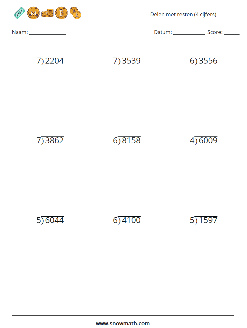 (9) Delen met resten (4 cijfers) Wiskundige werkbladen 14