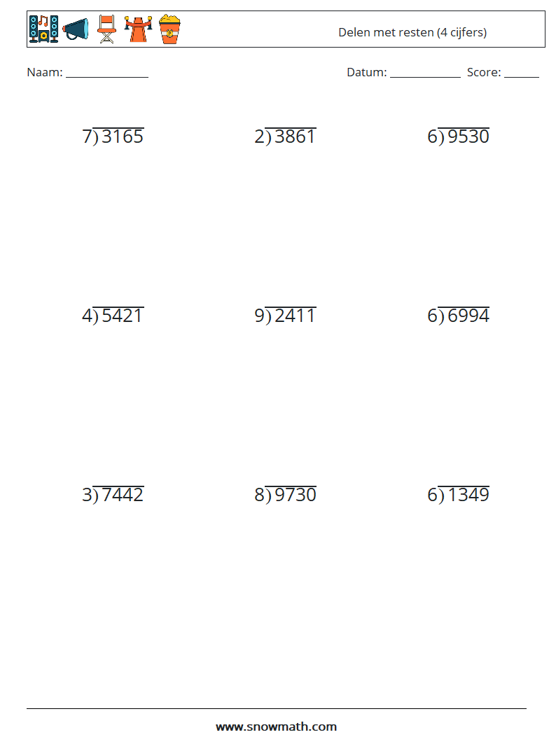 (9) Delen met resten (4 cijfers) Wiskundige werkbladen 15