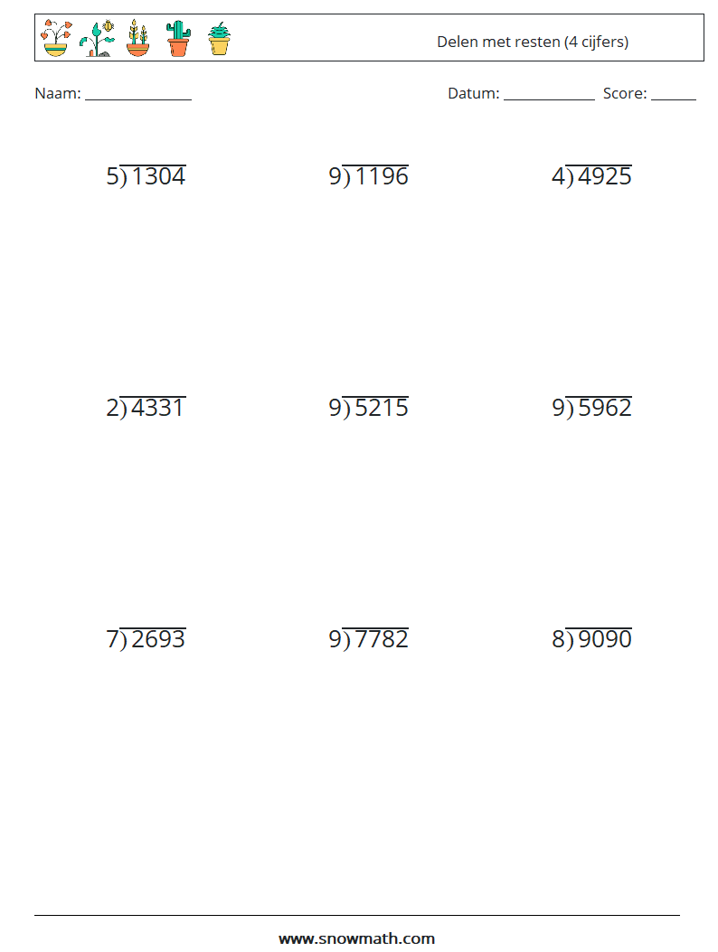 (9) Delen met resten (4 cijfers) Wiskundige werkbladen 16