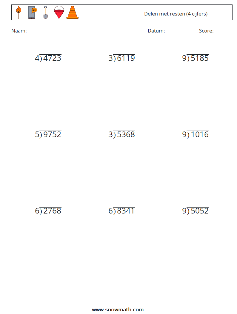 (9) Delen met resten (4 cijfers) Wiskundige werkbladen 17