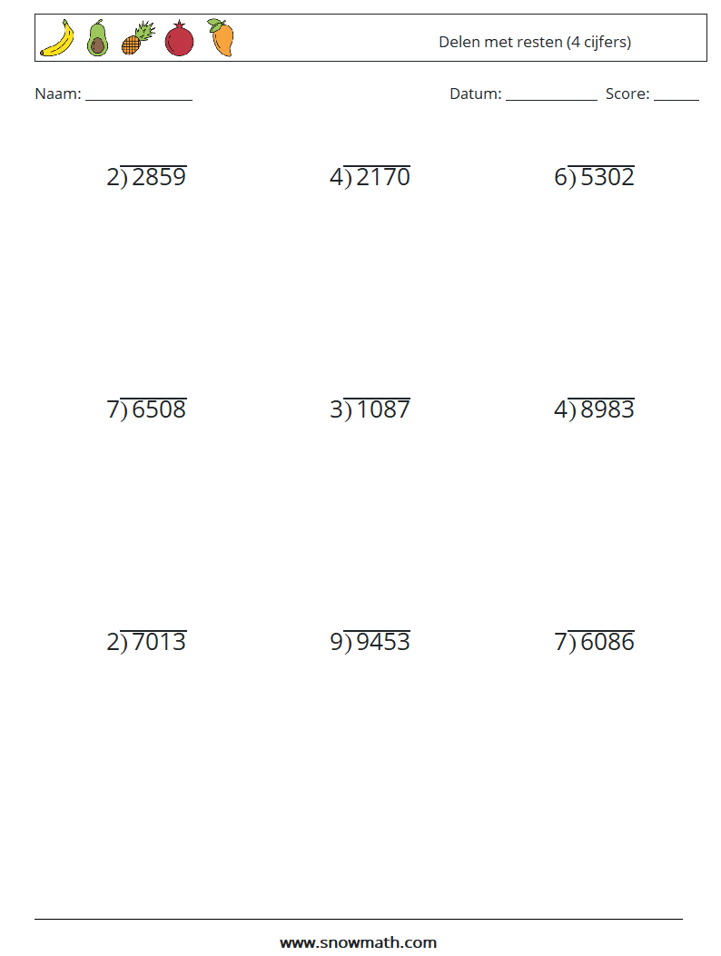(9) Delen met resten (4 cijfers) Wiskundige werkbladen 18