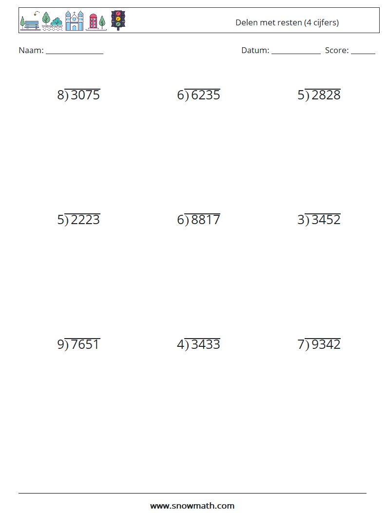 (9) Delen met resten (4 cijfers) Wiskundige werkbladen 2