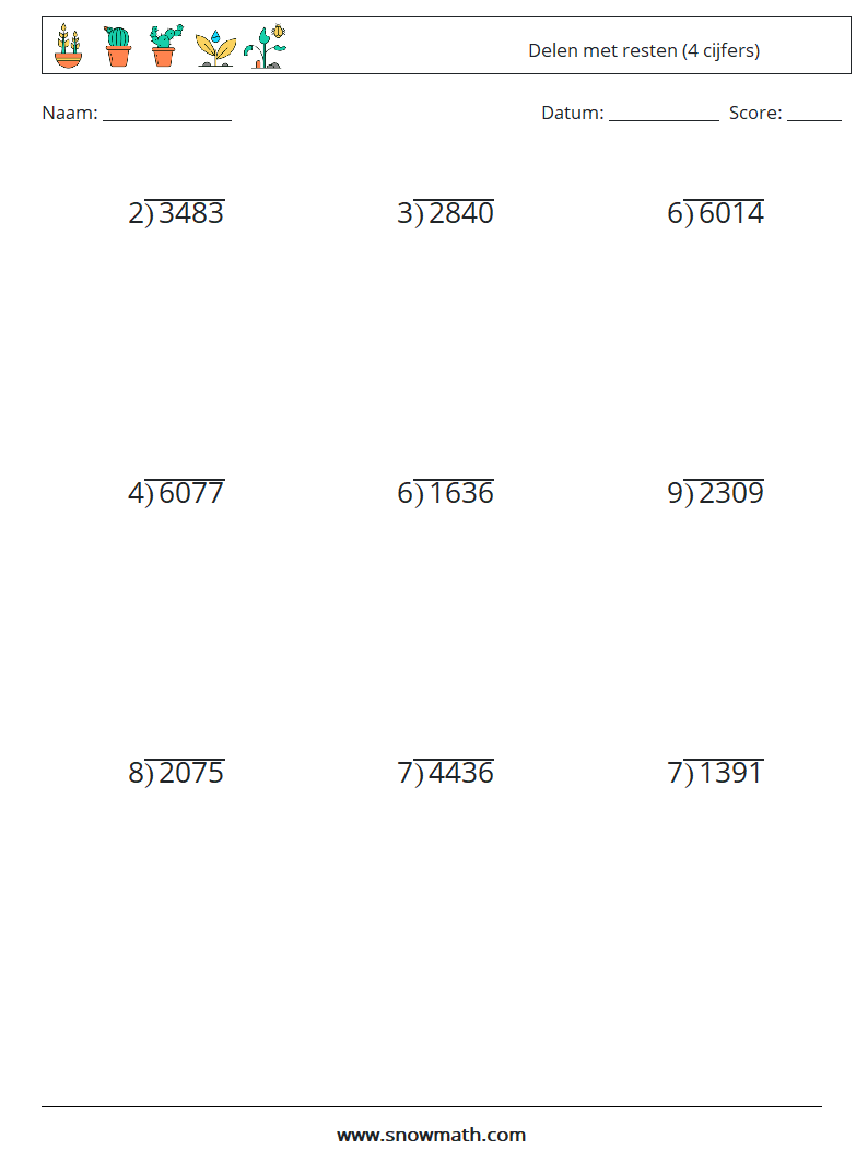 (9) Delen met resten (4 cijfers) Wiskundige werkbladen 3