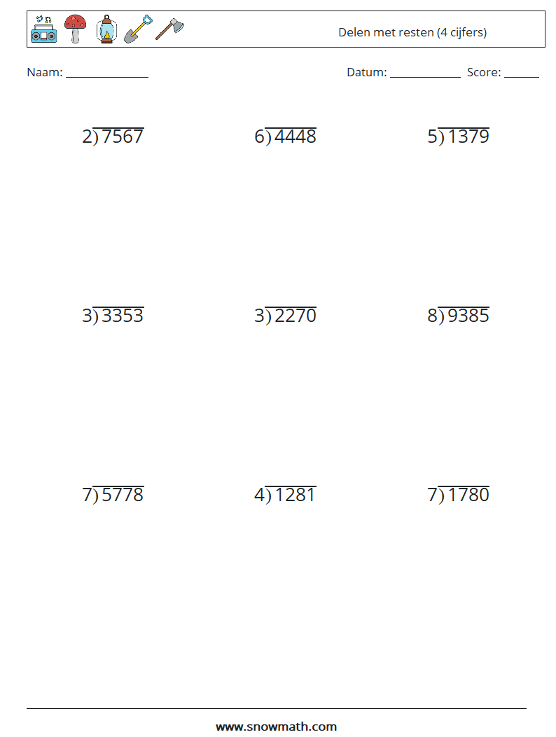 (9) Delen met resten (4 cijfers) Wiskundige werkbladen 4