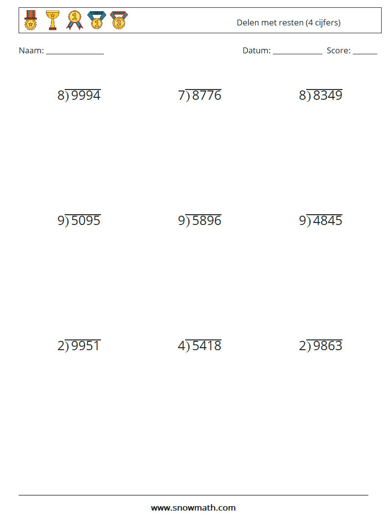 (9) Delen met resten (4 cijfers) Wiskundige werkbladen 5