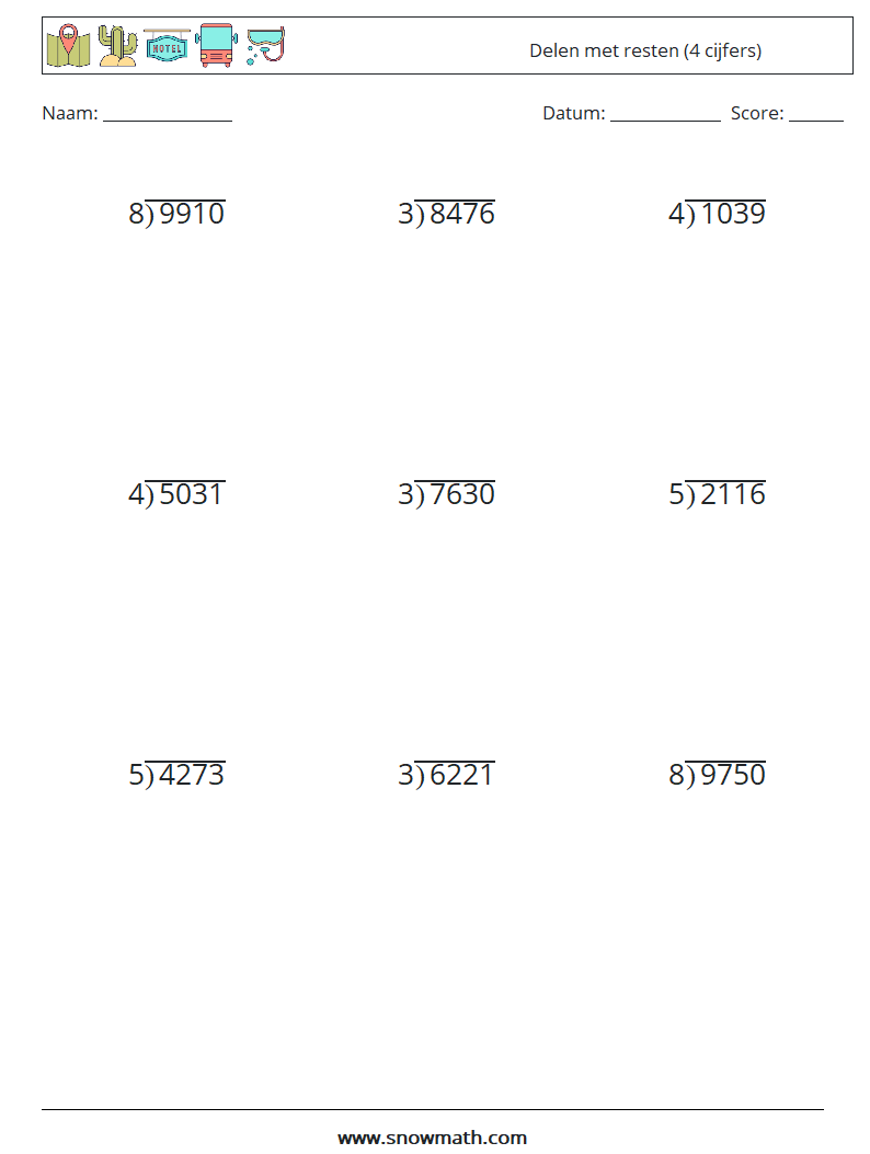 (9) Delen met resten (4 cijfers) Wiskundige werkbladen 7