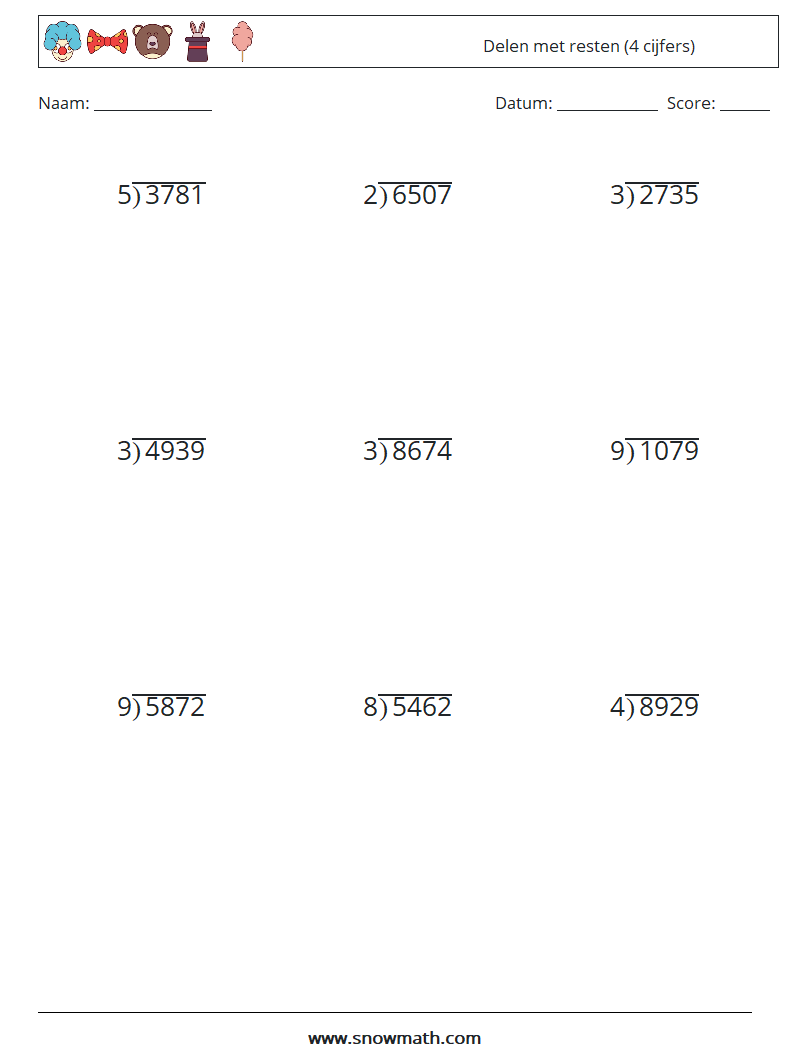 (9) Delen met resten (4 cijfers) Wiskundige werkbladen 9