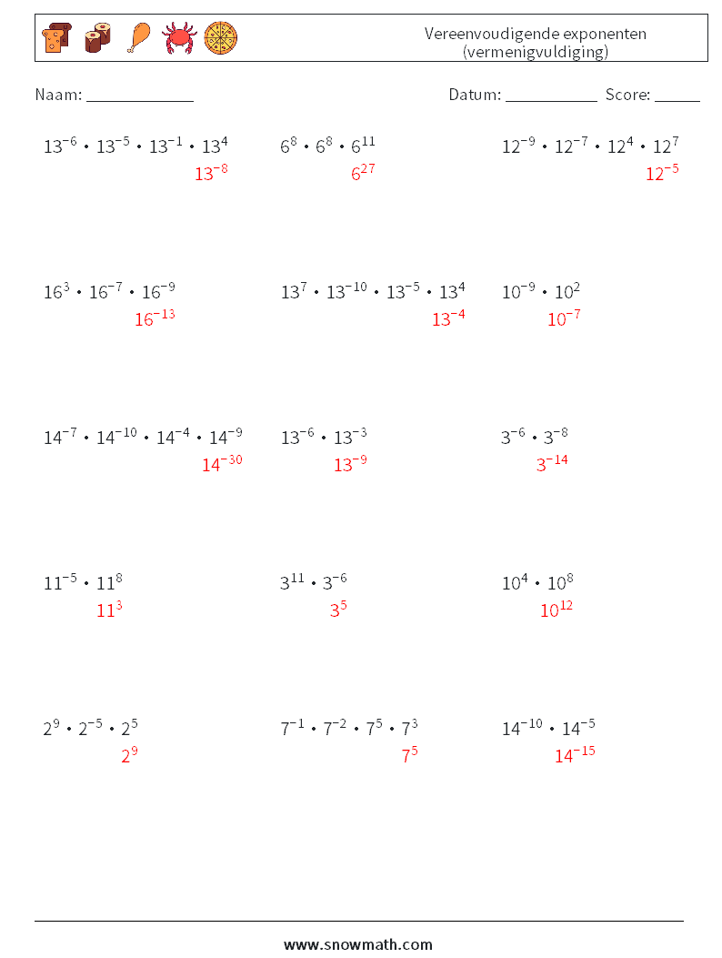 Vereenvoudigende exponenten (vermenigvuldiging) Wiskundige werkbladen 1 Vraag, Antwoord