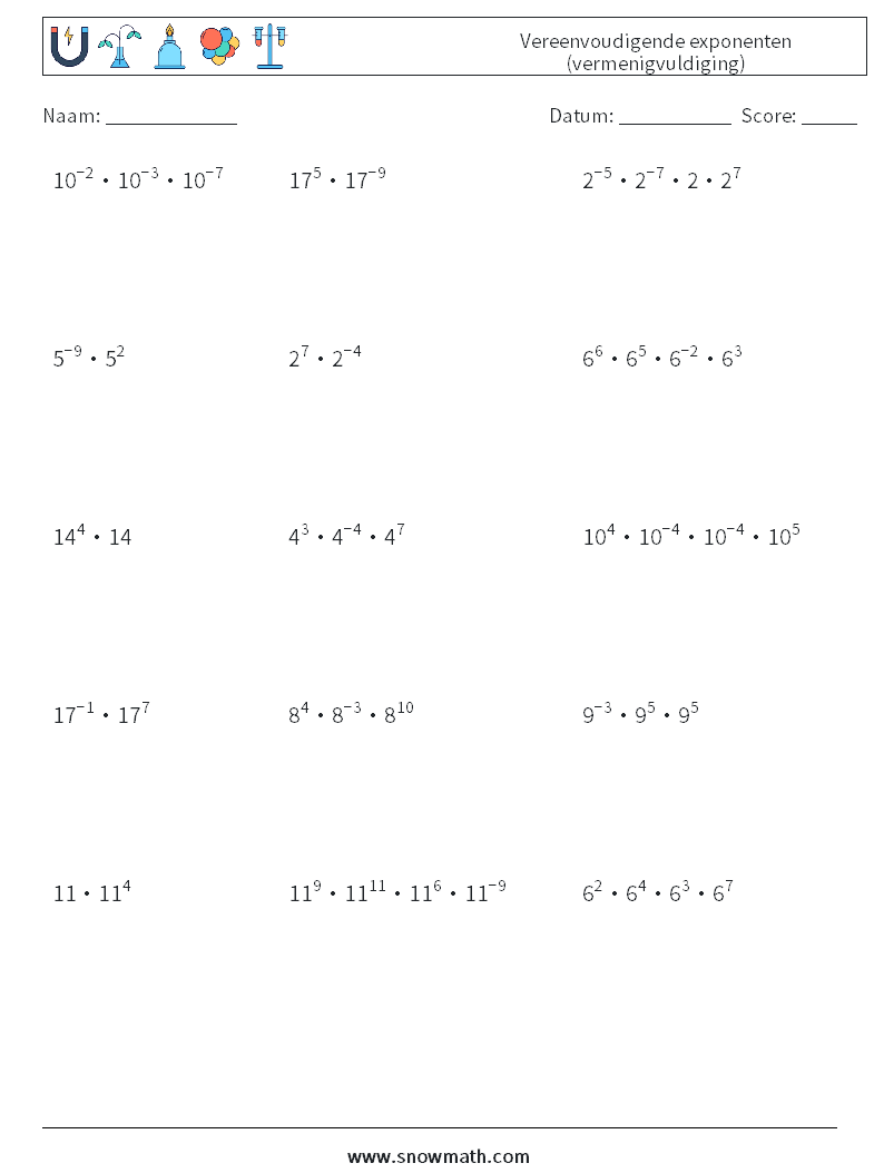 Vereenvoudigende exponenten (vermenigvuldiging) Wiskundige werkbladen 2