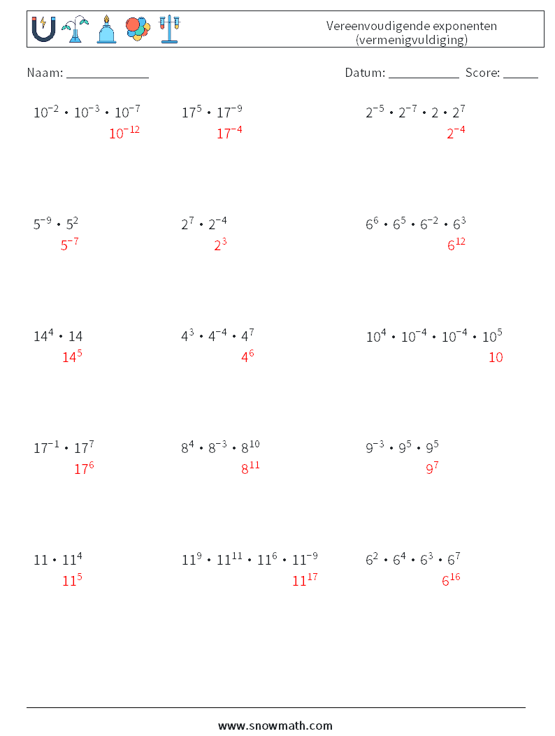 Vereenvoudigende exponenten (vermenigvuldiging) Wiskundige werkbladen 2 Vraag, Antwoord
