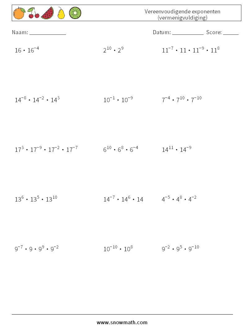 Vereenvoudigende exponenten (vermenigvuldiging) Wiskundige werkbladen 3