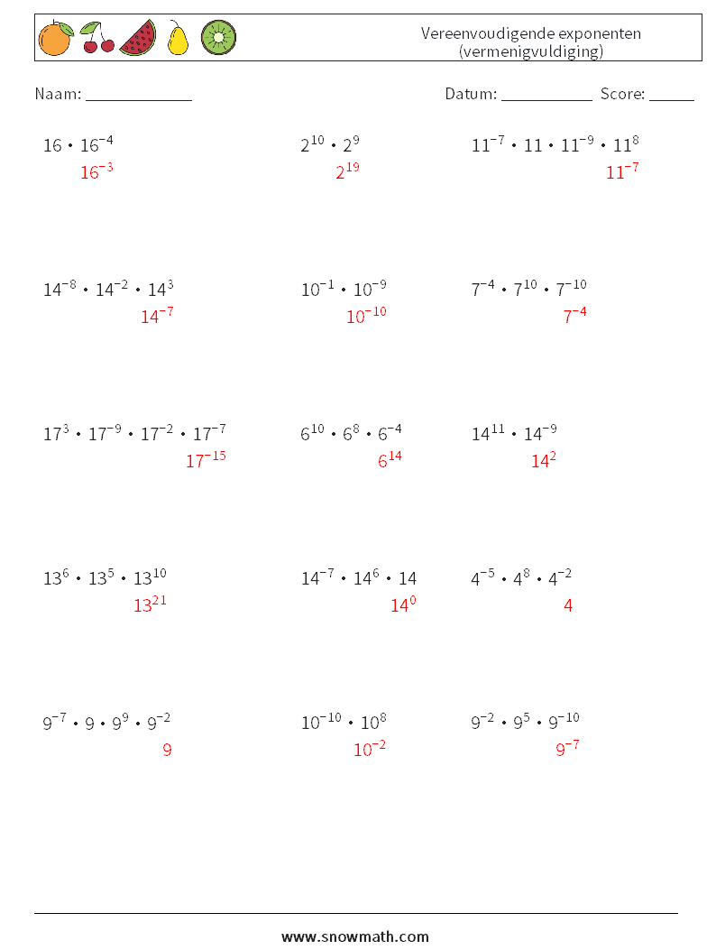 Vereenvoudigende exponenten (vermenigvuldiging) Wiskundige werkbladen 3 Vraag, Antwoord