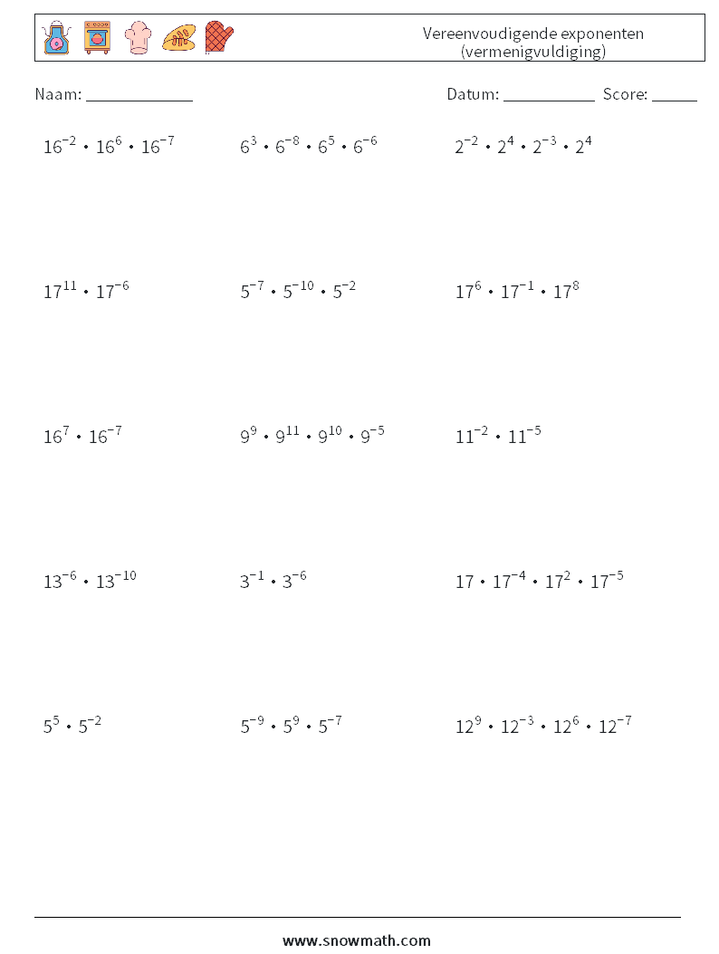 Vereenvoudigende exponenten (vermenigvuldiging) Wiskundige werkbladen 4