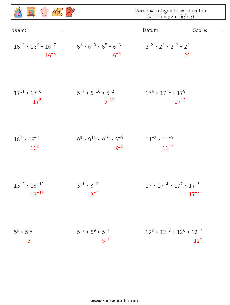 Vereenvoudigende exponenten (vermenigvuldiging) Wiskundige werkbladen 4 Vraag, Antwoord