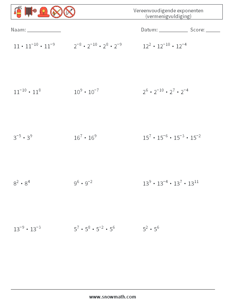 Vereenvoudigende exponenten (vermenigvuldiging) Wiskundige werkbladen 5