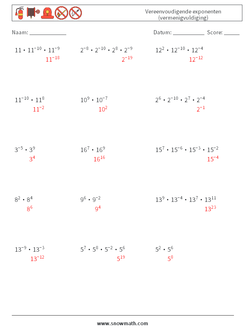 Vereenvoudigende exponenten (vermenigvuldiging) Wiskundige werkbladen 5 Vraag, Antwoord