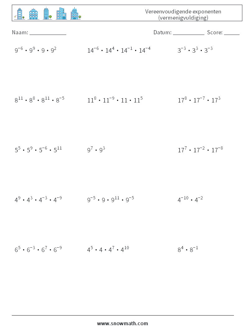 Vereenvoudigende exponenten (vermenigvuldiging) Wiskundige werkbladen 6
