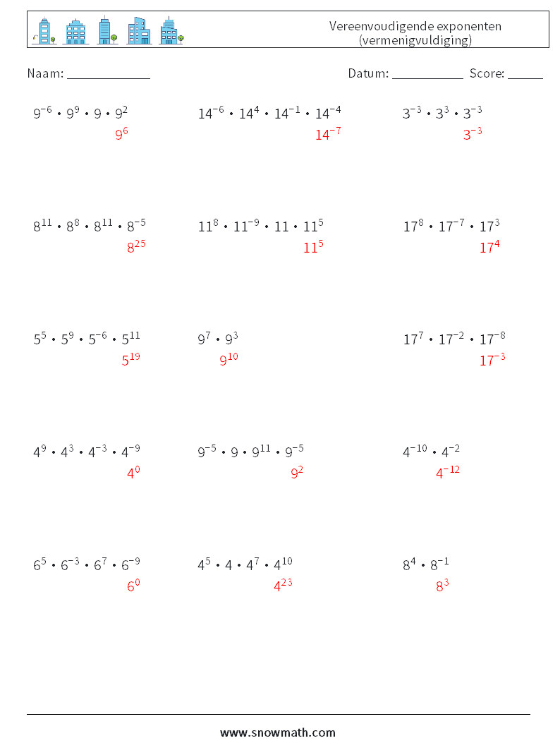 Vereenvoudigende exponenten (vermenigvuldiging) Wiskundige werkbladen 6 Vraag, Antwoord