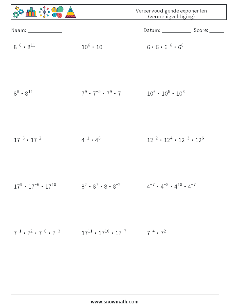 Vereenvoudigende exponenten (vermenigvuldiging) Wiskundige werkbladen 7