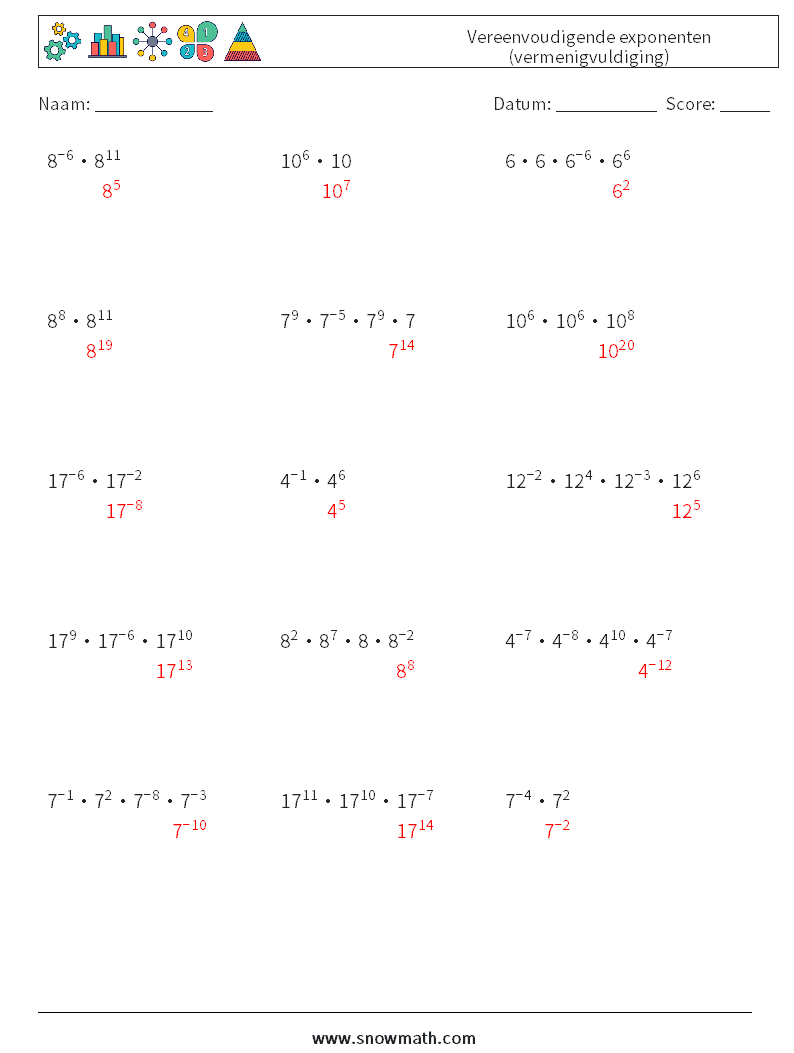 Vereenvoudigende exponenten (vermenigvuldiging) Wiskundige werkbladen 7 Vraag, Antwoord