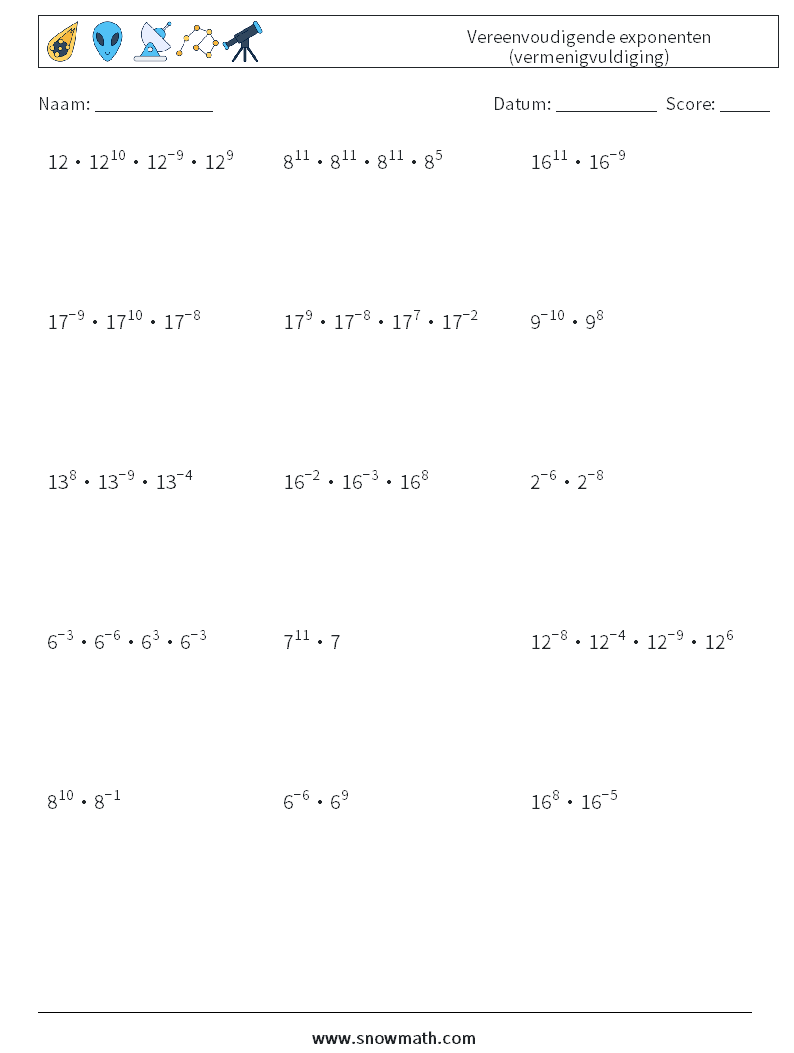 Vereenvoudigende exponenten (vermenigvuldiging) Wiskundige werkbladen 8