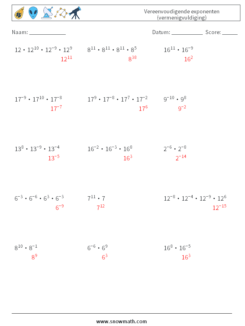 Vereenvoudigende exponenten (vermenigvuldiging) Wiskundige werkbladen 8 Vraag, Antwoord