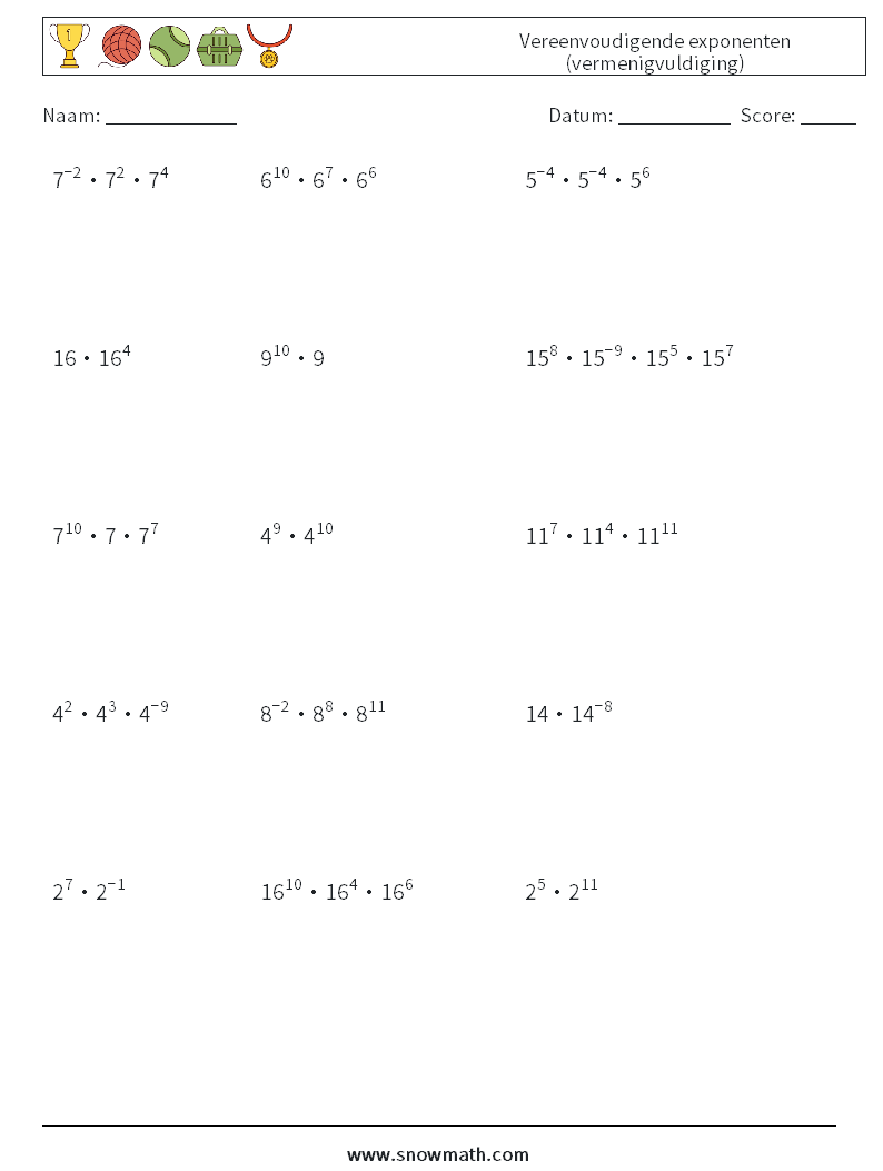 Vereenvoudigende exponenten (vermenigvuldiging) Wiskundige werkbladen 9