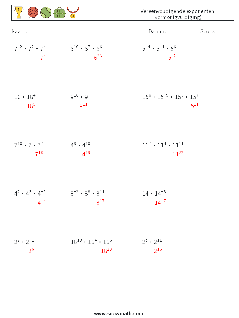 Vereenvoudigende exponenten (vermenigvuldiging) Wiskundige werkbladen 9 Vraag, Antwoord