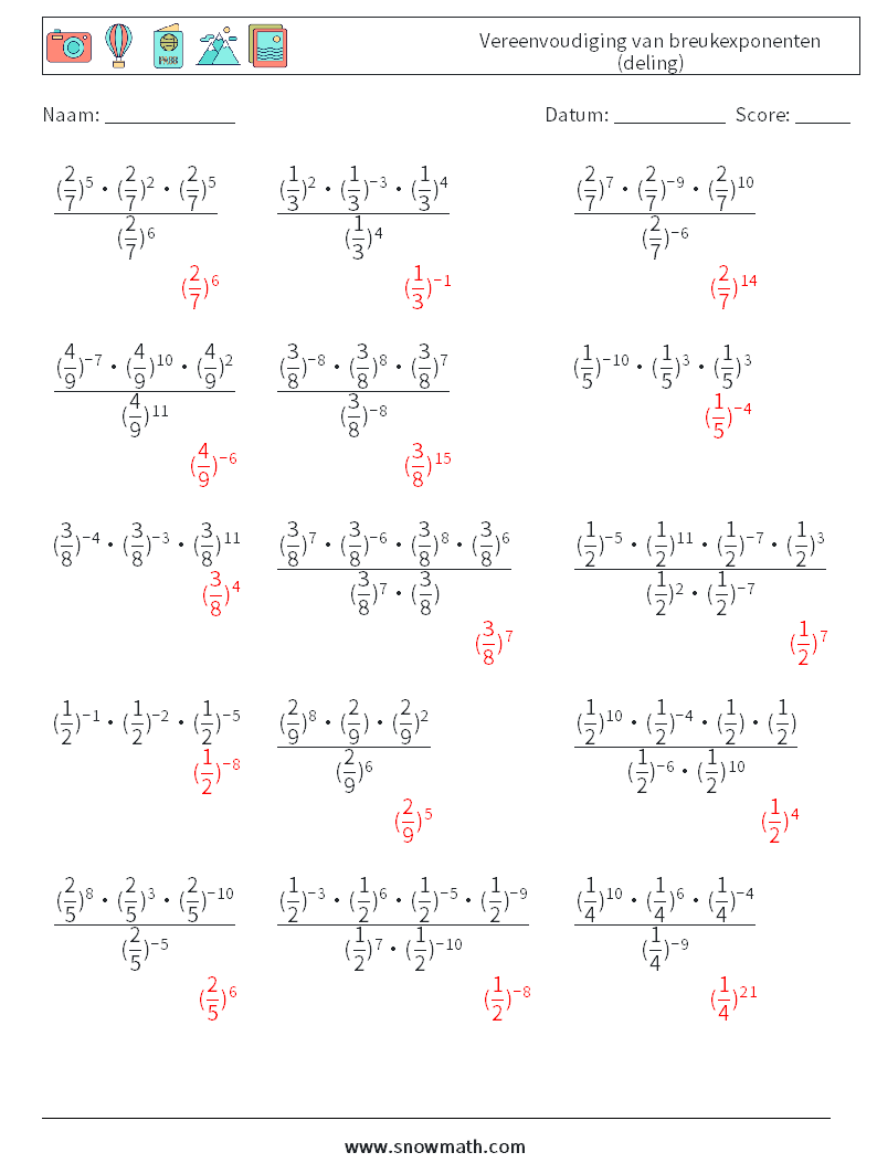 Vereenvoudiging van breukexponenten (deling) Wiskundige werkbladen 1 Vraag, Antwoord