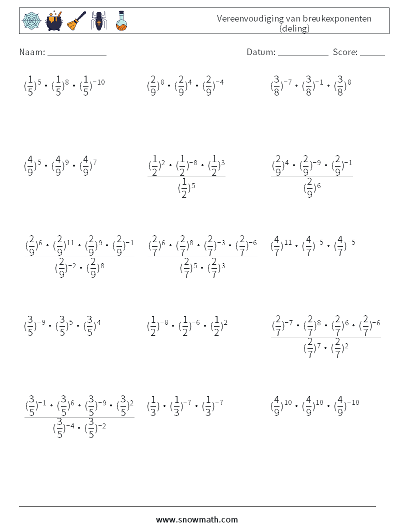 Vereenvoudiging van breukexponenten (deling) Wiskundige werkbladen 2