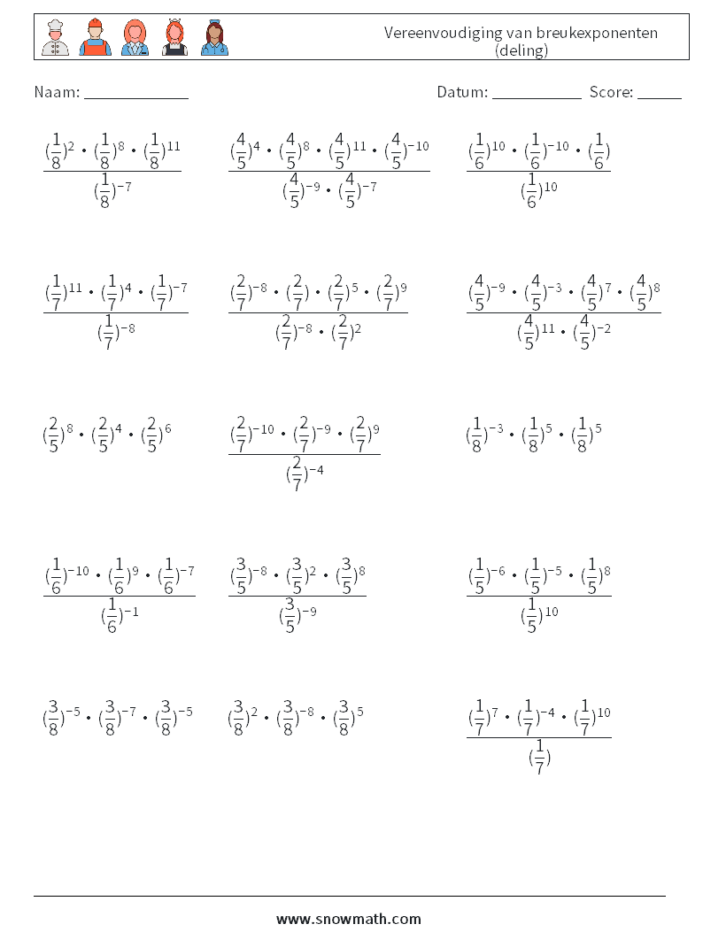 Vereenvoudiging van breukexponenten (deling) Wiskundige werkbladen 3