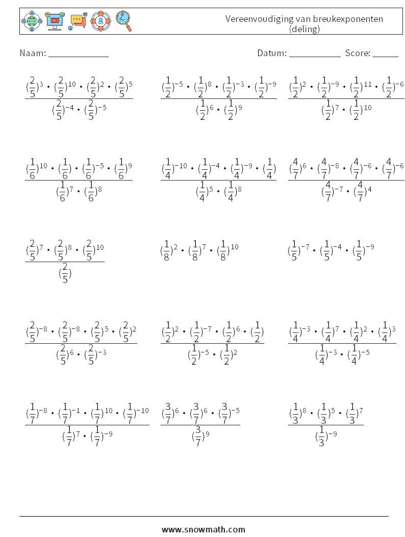 Vereenvoudiging van breukexponenten (deling) Wiskundige werkbladen 4