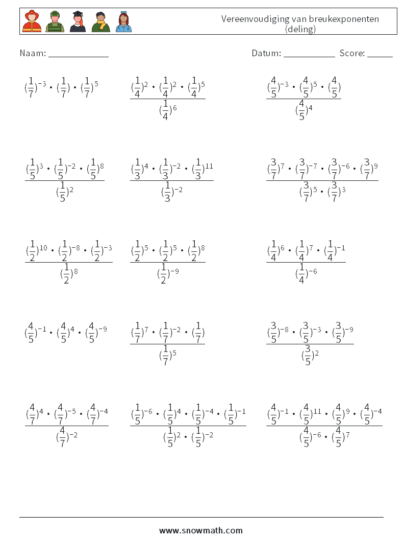 Vereenvoudiging van breukexponenten (deling) Wiskundige werkbladen 5