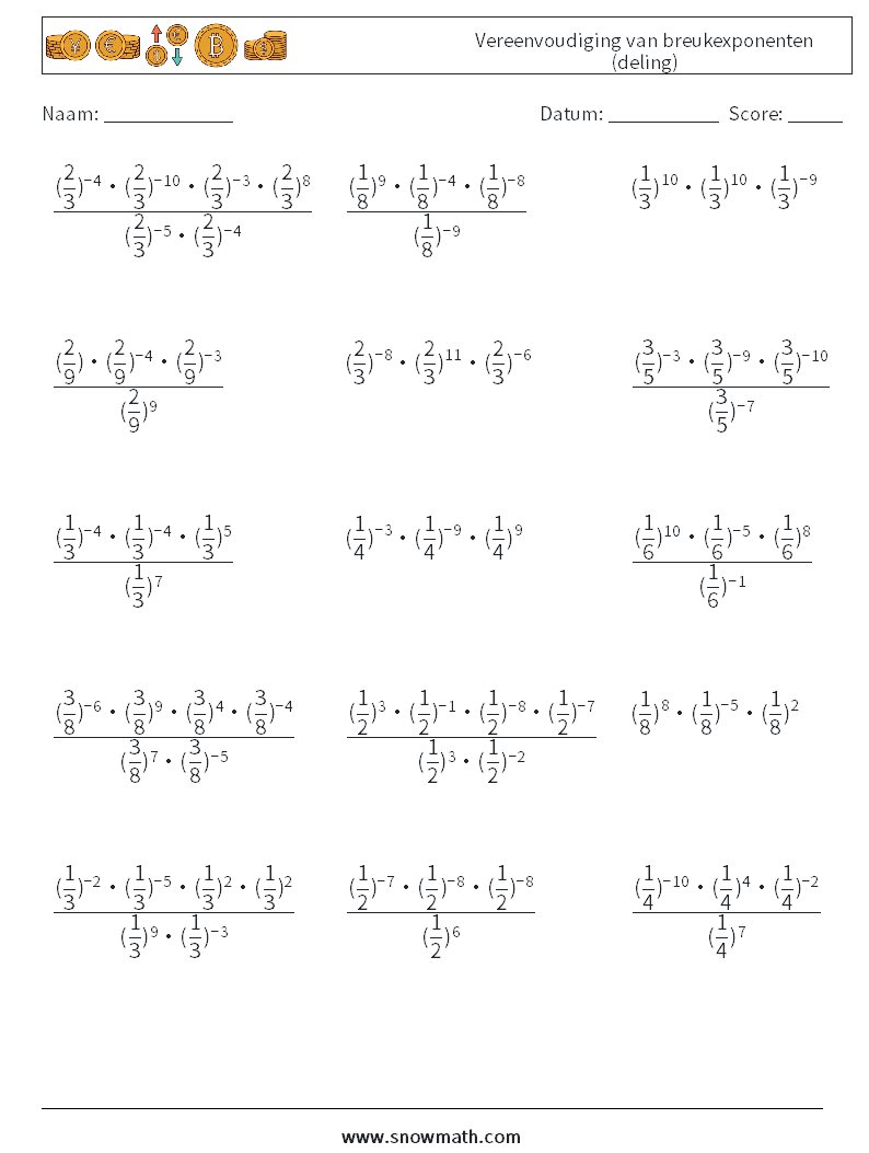 Vereenvoudiging van breukexponenten (deling) Wiskundige werkbladen 6