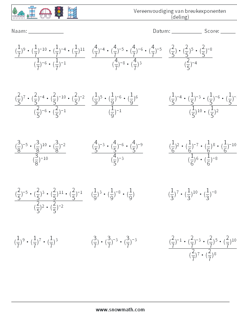 Vereenvoudiging van breukexponenten (deling) Wiskundige werkbladen 7