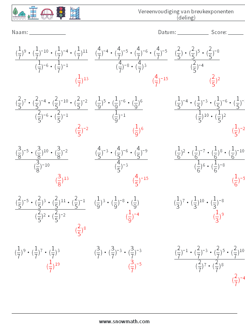 Vereenvoudiging van breukexponenten (deling) Wiskundige werkbladen 7 Vraag, Antwoord
