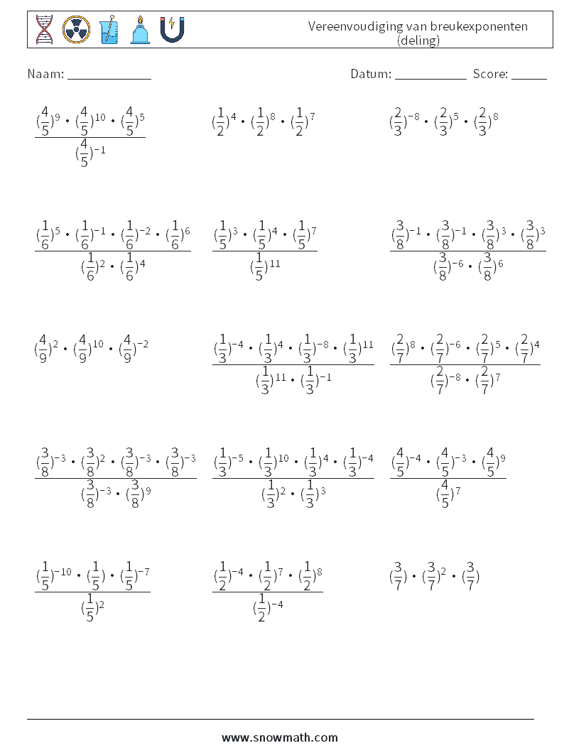 Vereenvoudiging van breukexponenten (deling) Wiskundige werkbladen 8